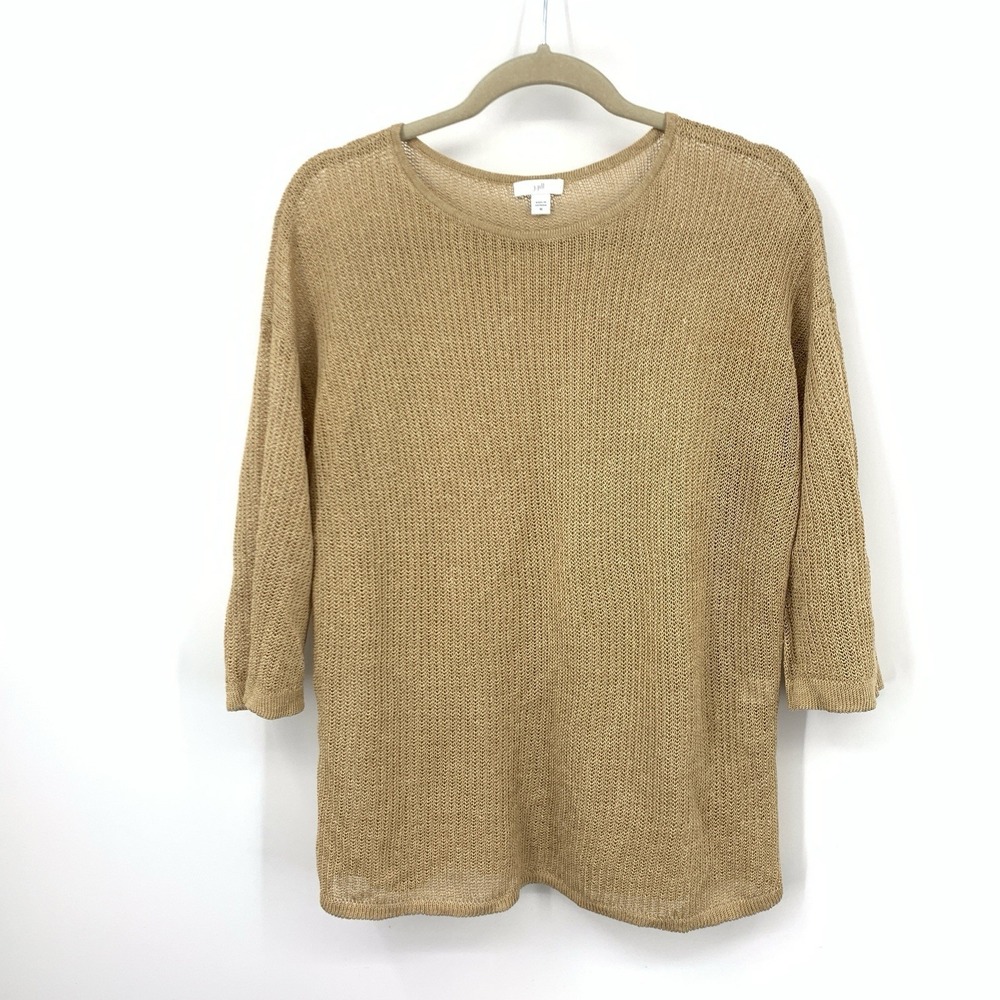 J Jill Women Size Medium Sweater Brown Open Knit Crochet Linen‎ Blend Top 3/4